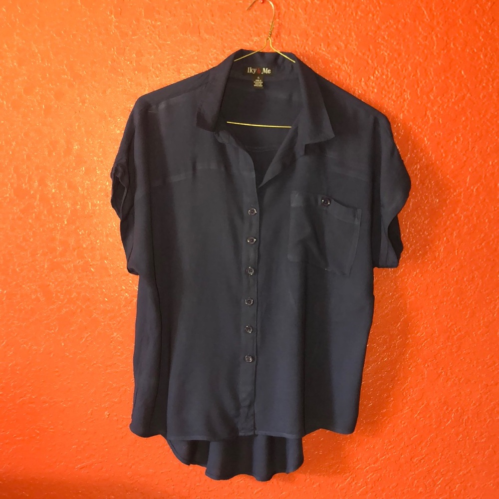 Navy Blue Casual Button Down Shirt Smooth Cotton Blend
